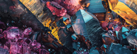 A detailed photograph of rare earth mineral crystals, showing elements such as praseodymium, samarium, and gadolinium. The intricate structures and rich colors create a captivating image.の素材