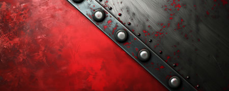 A dynamic abstract background featuring a metallic panel with riveted edges, against a bold red and black gradient. The industrial look of the metal contrasts sharply with the vibrant colors.の素材