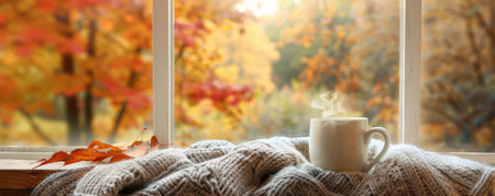 A cozy autumn morning with a cup of coffee, a soft blanket, and a window showing the vibrant fall colors outside.の素材