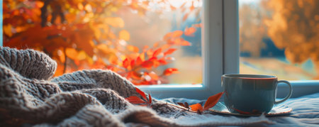 A cozy autumn morning with a cup of coffee, a soft blanket, and a window showing the vibrant fall colors outside.の素材