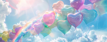 A dreamy background filled with heart-shaped rainbow balloons floating in the sky. The balloons are in various pastel shades, creating a vibrant, loving atmosphere with fluffy clouds and a faint rainbow arching across the scene.の素材