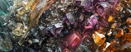 A detailed illustration of rare earth minerals in their raw form, with elements such as promethium and erbium prominently displayed. The intricate textures and varied colors create a captivating visual.の素材