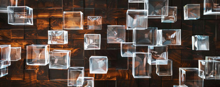 A geometric pattern featuring clear glass cubes in various sizes, stacked in a staggered formation on a dark wooden background, with light reflections adding a touch of elegance.の素材