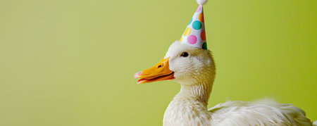 A funny duck with a polka-dot birthday party hat, against a lime green background, quacking happily.の素材
