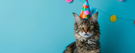 A funny cat wearing a colorful birthday party hat, sitting against a bright blue background, with a playful expression on its face.の素材