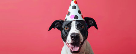 A goofy dog in a polka-dot birthday party hat, isolated on a vibrant pink background, looking excited for the party.の素材