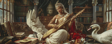 A graceful image of Saraswati, the goddess of knowledge and arts, playing the veena. She is seated on a white swan, surrounded by books and musical instruments, with a calm and composed expression.の素材