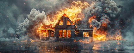 A house on fire, with flames and thick smoke rising, isolated on a metallic silver background. The shiny backdrop enhances the dramatic effect of the burning building.の素材