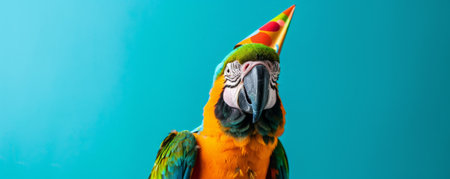 A joyful parrot in a bright birthday party hat, against a turquoise background, with its feathers fluffed up.の素材