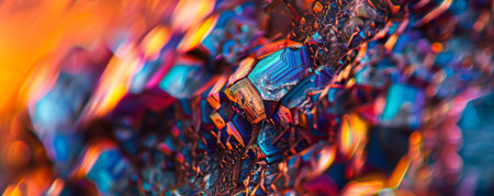 A macro photograph of rare earth minerals with a focus on the vibrant hues of praseodymium, samarium, and gadolinium. The intricate patterns and rich colors highlight the unique beauty of these elements.の素材