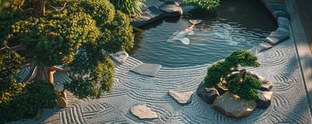A minimalist zen garden with raked gravel, carefully pruned bonsai trees, and a small koi pond, creating a peaceful retreat.の素材