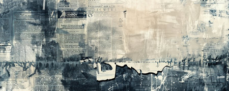 A grunge texture background with layered newspaper clippings, torn edges, and faded print, conveying a chaotic and urban vibe.の素材