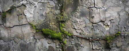 A grunge texture background with layered, cracked cement, exposed rebar, and moss growth, highlighting urban decay.の素材
