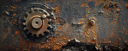 A grunge texture background with rusted machinery parts, oil stains, and metal shavings, highlighting industrial wear and tear.の素材