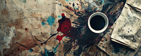 A grunge texture background with splattered ink, coffee stains, and crumpled paper, evoking a messy, creative workspace.の素材