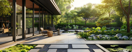 A modern garden landscape featuring sleek, minimalist design elements with clean lines, geometric shapes, and a mix of greenery and hardscaping materials.の素材
