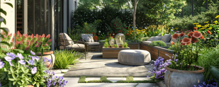 A modern garden terrace with container gardens, modular furniture, and a mix of herbs, flowers, and decorative grasses.の素材