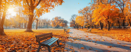A picturesque autumn park with a path covered in fallen leaves, benches, and trees in vibrant fall colors, with a crisp, clear sky above.の素材
