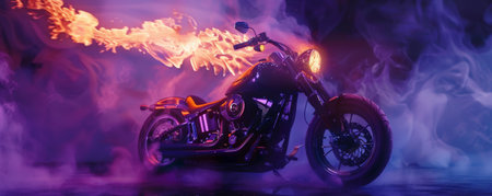 A motorcycle on fire with roaring flames and dense smoke rising, isolated on a deep purple background, emphasizing the contrast between the flames and the dark backdrop.の素材