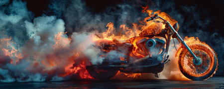 A motorcycle consumed by blazing flames and heavy smoke, isolated on a stark black background, creating a striking and powerful image.の素材