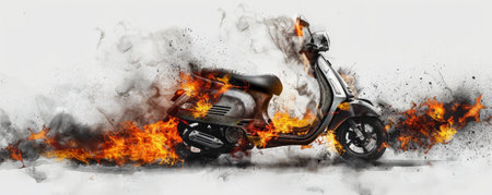 A scooter in flames, with fierce fire and thick smoke, isolated on a stark white background. The vivid depiction of the burning vehicle creates a powerful and intense image.の素材