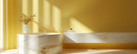 A refined marble podium with a glossy finish, placed against a pastel yellow wall. The light and cheerful color palette creates a bright and inviting backdrop, ideal for showing off fresh and vibrant products.の素材