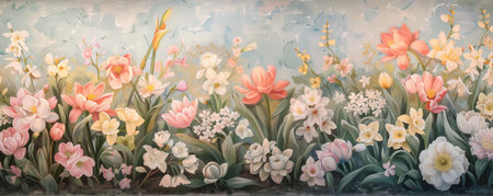 A mural on a stucco wall featuring an intricate pattern of spring blossoms. Cherry blossoms, tulips, and daffodils in pastel hues create a fresh and lively design.の素材