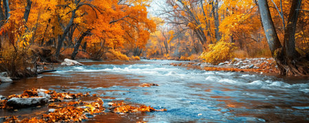A picturesque autumn river with trees in full fall colors lining the banks, a gentle current, and the sound of leaves rustling in the breeze.の素材