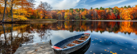 A peaceful autumn pond with trees in full fall colors reflected in the water, a wooden dock, and a rowboat ready for a quiet outing.の素材
