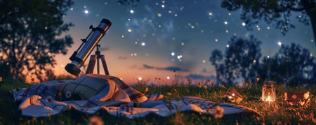 A peaceful summer stargazing night with a blanket spread out on the grass, a telescope, and a sky full of twinkling stars.の素材