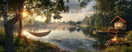 A relaxing day at a summer cabin by the lake, with a hammock strung between trees, a fishing boat on the water, and a fire pit ready for s'mores.の素材
