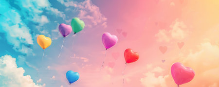 A playful background featuring rainbow balloons in heart shapes scattered across the sky. The balloons are in vibrant colors, set against a backdrop of light clouds and a soft gradient sky from blue to pink.の素材