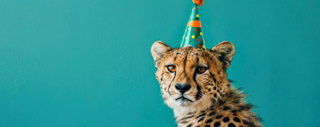 A playful cheetah with a birthday party hat, set against a vibrant green background, looking ready to run.の素材