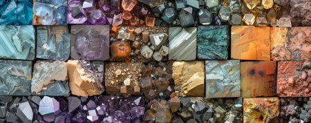A rare earth mineral collage with elements such as praseodymium, lanthanum, and neodymium arranged in an artistic pattern. The varied colors and textures highlight the uniqueness of each mineral.の素材
