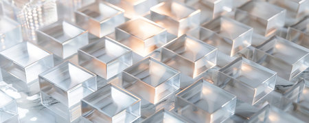 A sophisticated geometric pattern with frosted glass cubes, arranged in a grid pattern on a white marble background, with soft lighting enhancing the textures.の素材