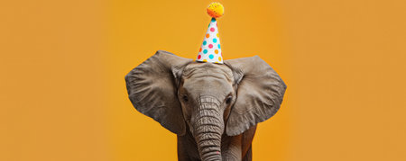 A silly elephant wearing a birthday party hat, isolated on an orange background, trunk up in celebration.の素材