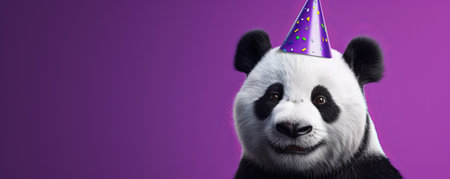 A playful panda with a tiny birthday party hat, against a purple background, looking ready for fun.の素材
