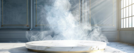 A pristine white marble table podium with gold veins in a luxurious room, surrounded by delicate smoke, adding a touch of elegance and mystique.の素材