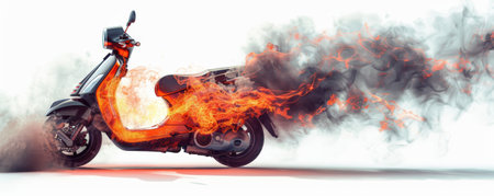 A scooter in flames, with fierce fire and thick smoke, isolated on a stark white background. The vivid depiction of the burning vehicle creates a powerful and intense image.の素材