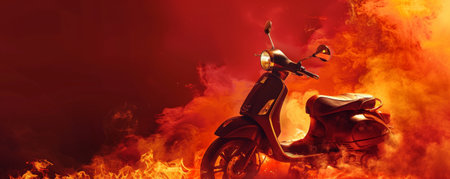 A scooter engulfed in flames and smoke, isolated on a gradient background transitioning from black to red. The intense fire and billowing smoke are vividly captured against the dramatic backdrop.の素材