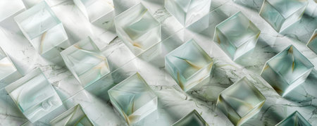 A sophisticated geometric pattern with frosted glass cubes, arranged in a grid pattern on a white marble background, with soft lighting enhancing the textures.の素材