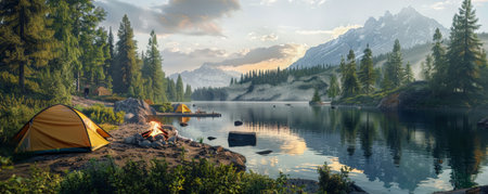 A serene summer campsite by a lake, with tents set up, a campfire, and the sounds of nature all around.の素材