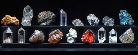 A rare earth mineral display set against a black background, highlighting the bright, reflective surfaces of elements like ytterbium and scandium. The contrast emphasizes their unique properties.の素材