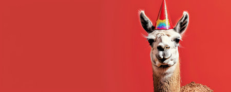 A smiling llama with a birthday party hat, set against a vibrant red background, adding a touch of whimsy.の素材