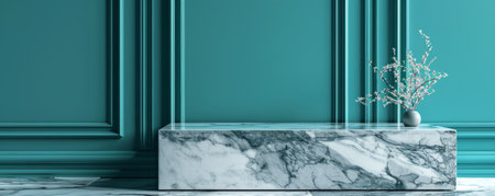 A sophisticated marble podium featuring gray veining, positioned in front of a teal blue wall. The cool tones of the marble complement the vibrant color of the wall, creating a stylish and modern setting for showcasing products.の素材