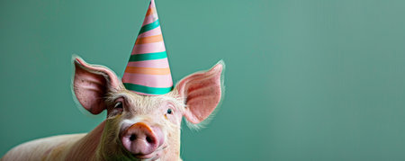 A silly pig wearing a striped birthday party hat, isolated on a vibrant green background, with a happy snout.の素材