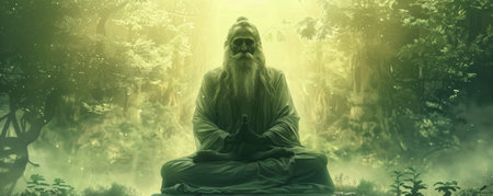 A serene portrayal of the sage Patanjali, the author of the Yoga Sutras, seated in meditation with a calm and wise expression. The background features a tranquil forest setting, symbolizing peace and enlightenment.の素材