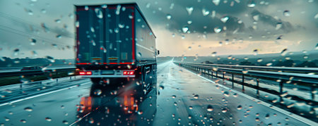 A truck driving on a highway during a rainy day, with raindrops hitting the windshield and creating a blurry, reflective surface on the wet road.の素材