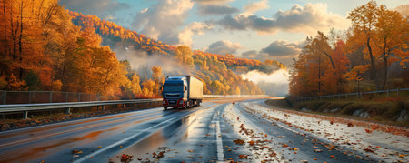 A truck driving on a newly paved highway road through a picturesque autumn landscape, with colorful fall foliage and leaves scattered on the ground.の素材