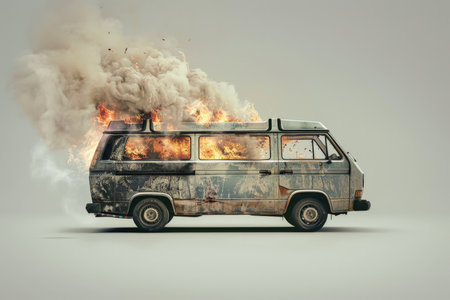A van on fire, with flames leaping and smoke billowing, isolated on a light gray background. The stark contrast highlights the chaos and destruction of the burning vehicle.の素材